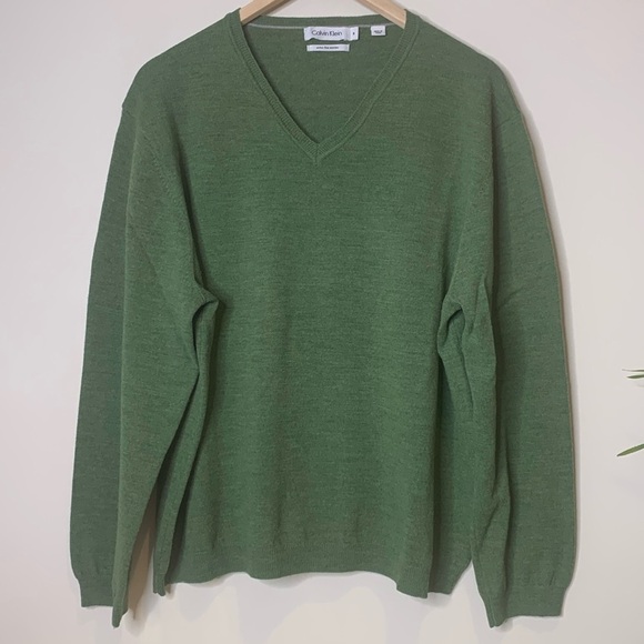 Calvin Klein | Green Extra Fine Merino Wool Knit Long Sleeve V Neck Sweater M - Picture 1 of 16